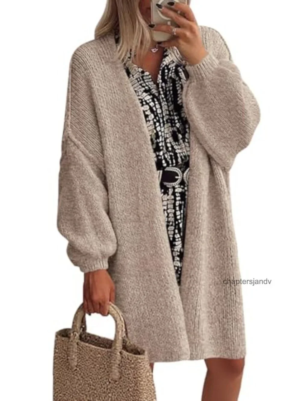 Oversized Long Cardigan Sweater Knit Polyester Blend Open Front V-Neck
